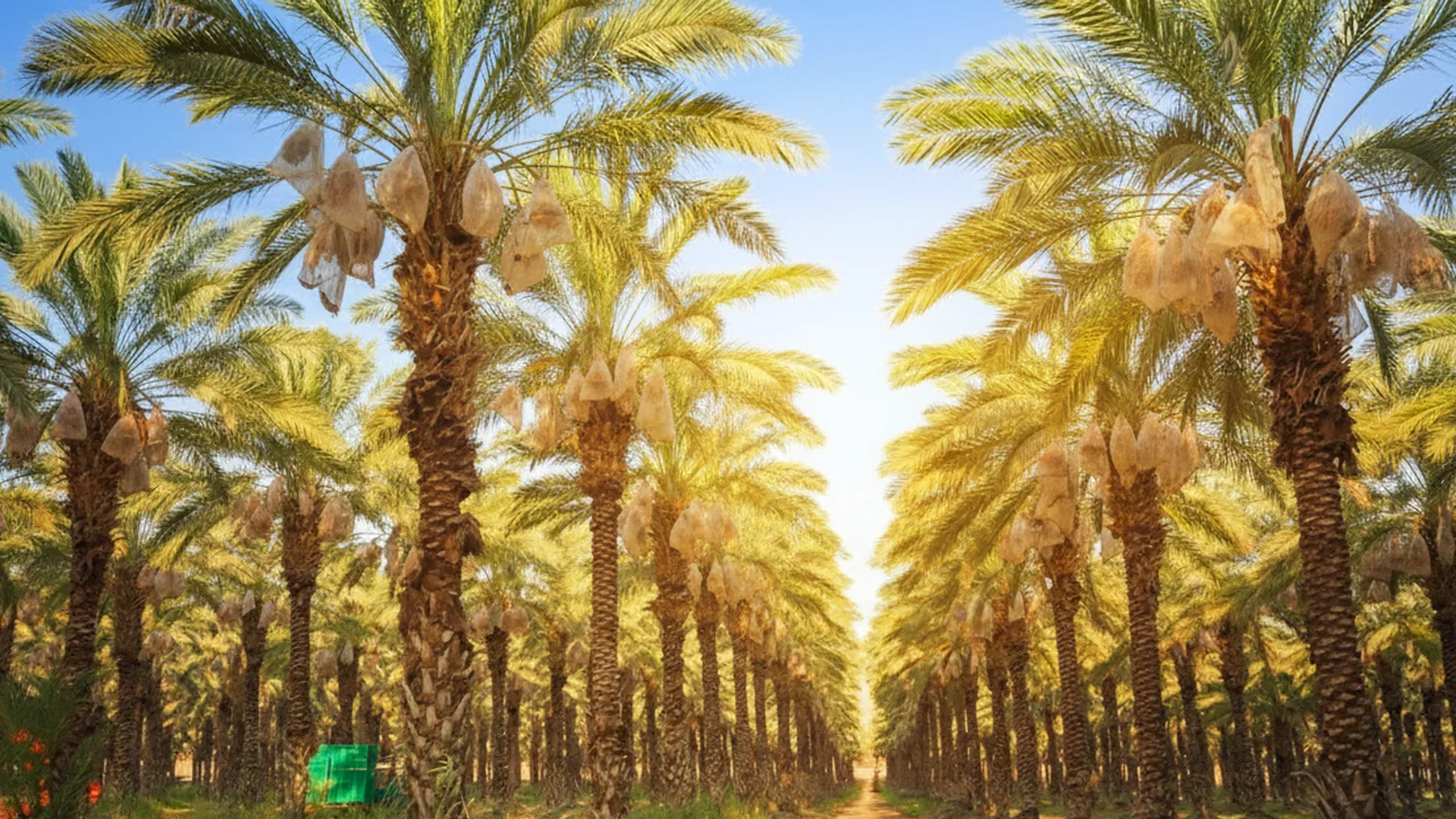 ممر بين صفوف النخيل المثمر في مزرعة عزيز