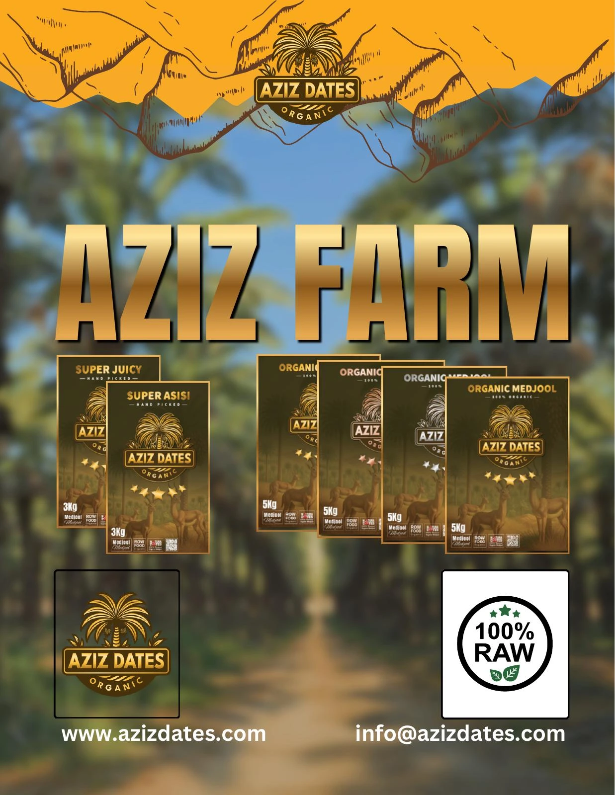 Aziz Farm — Organic Medjool Dates, 3 kg / 5 kg, 100% RAW, www.azizdates.com, info@azizdates.com
