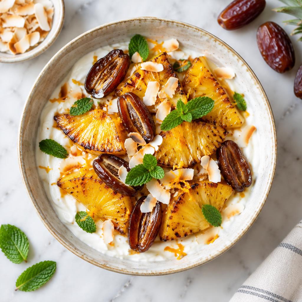 Caramelized pineapple breakfast bowl with Medjool dates